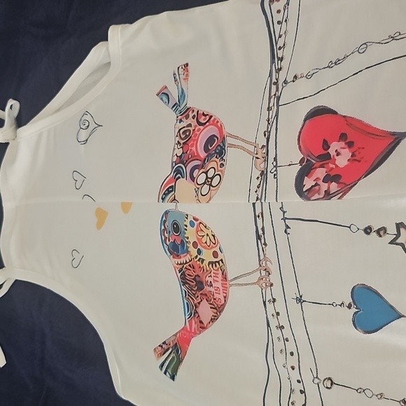 NWOT White Printed Tie Strap Jumpsuit/Overalls Colorful Bird/Heart Design Medium - Picture 13 of 15